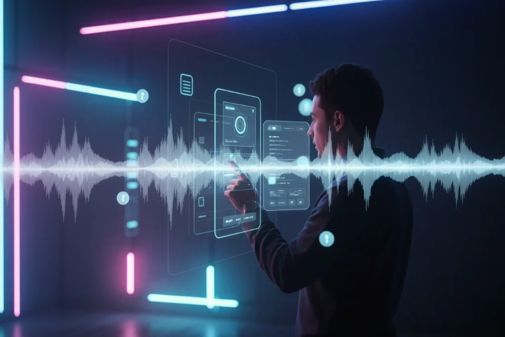 UX sound design illustré par une interface immersive avec visualisation d’ondes sonores et interaction utilisateur