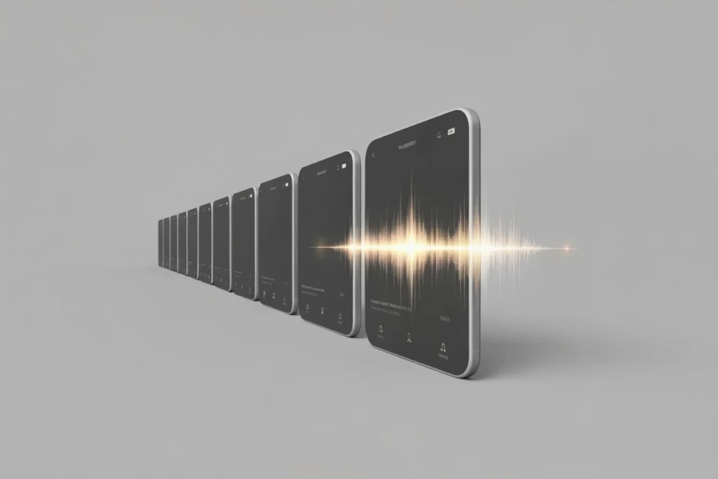 UX sound design avec répétition d’interfaces mobiles et onde sonore illustrant la cohérence de l’expérience utilisateur