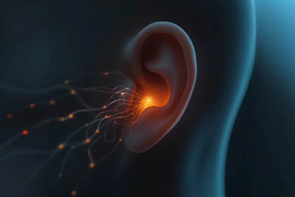 Oreille traversée par des ondes lumineuses illustrant l’identité sonore, l’émotion et la mémoire de marque