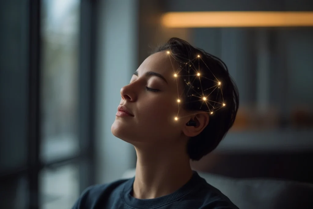 Personne portant un écouteur avec un réseau lumineux illustrant l’impact de l’identité sonore sur l’émotion et la mémoire