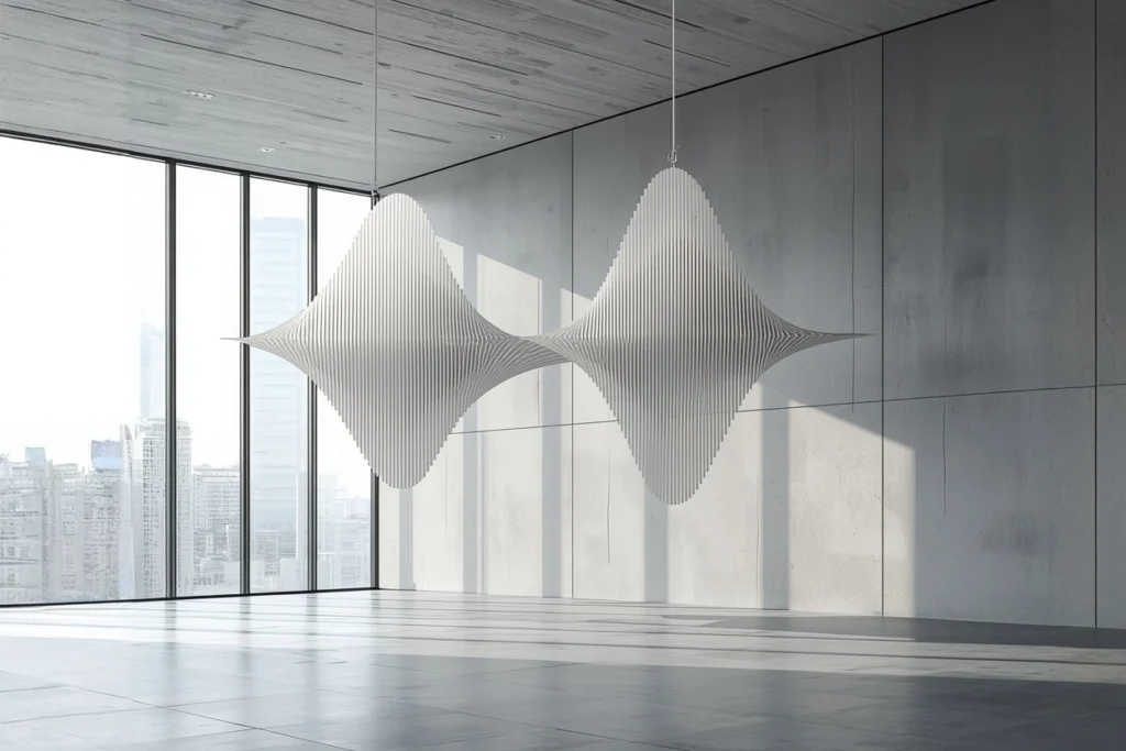 Sculpture blanche en forme d’onde représentant une identité sonore de marque structurée et cohérente.