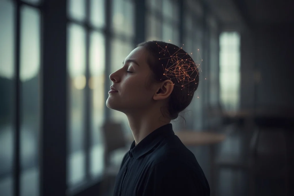 Woman listening with eyes closed as a digital network symbolizes how sonic identity connects sound, emotion and brand memory.