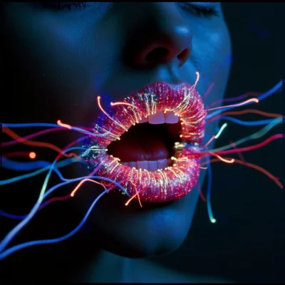 Illustration artistique de la communication sonore : une bouche entourée de fils lumineux symbolise l’impact émotionnel du son.