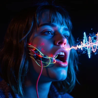 Bouche humaine brodée de câbles audio symbolisant une interface MIDI, évoquant l’expression sonore ou l'identité musicale d’une marque.