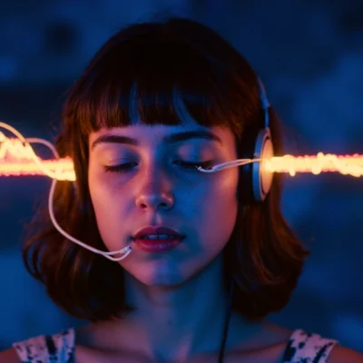 Jeune femme portant un casque audio avec une onde sonore lumineuse traversant son esprit, symbolisant l’impact émotionnel du sound design.