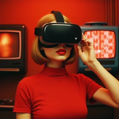 Femme portant un casque de réalité virtuelle dans un univers rouge futuriste illustrant l’intelligence artificielle et la création d’identité sonore