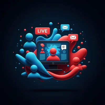 Podcast identité sonore illustré par un écosystème digital avec diffusion live, interactions et stratégie audio de marque