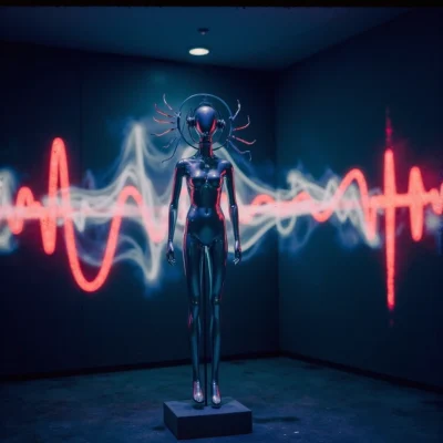 Silhouette futuriste entourée d’ondes sonores lumineuses illustrant la formation en identité sonore et l’appropriation interne d’un territoire audio de marque.