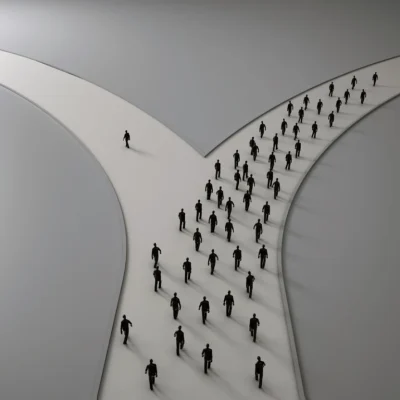 Différence logo sonore et jingle illustrée par un individu prenant un chemin distinct pour symboliser une stratégie d’identité sonore différenciante