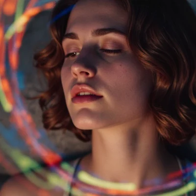 Femme émue, yeux fermés, entourée de vagues lumineuses illustrant l’impact émotionnel de la musique de marque.