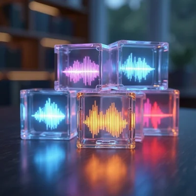 Illustration symbolique d’une identité sonore structurée, représentée par des blocs lumineux affichant des ondes sonores.