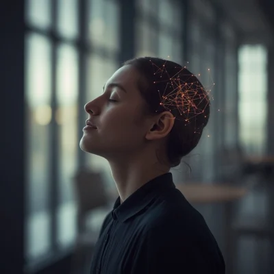 Woman listening with eyes closed as a digital network symbolizes how sonic identity connects sound, emotion and brand memory.