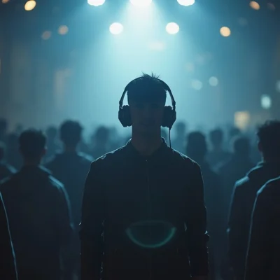 Personne unique dans une foule avec casque audio, illustrant la différenciation par la stratégie musicale de marque