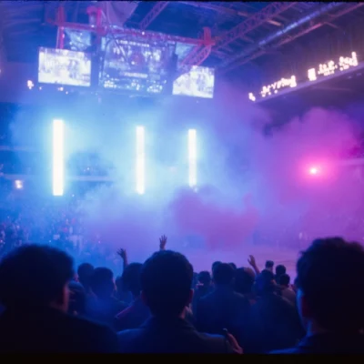 Une scène immersive représentant l’identité sonore dans l'événementiel avec lumières bleues, violettes et fumée